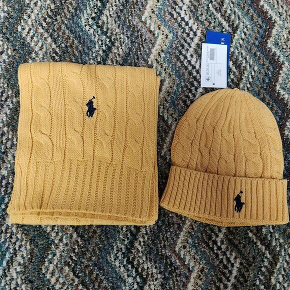 Polo Ralph Lauren Cable-Knit Yellow Scarf-wraps and Beanie - Picture 1 of 5